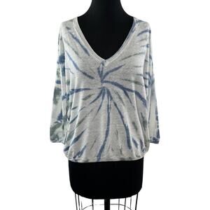 GERARD DAREL White Blue Tie-Dye Linen 3/4 Sleeve V-Neck Pullover Knit Top Size 1